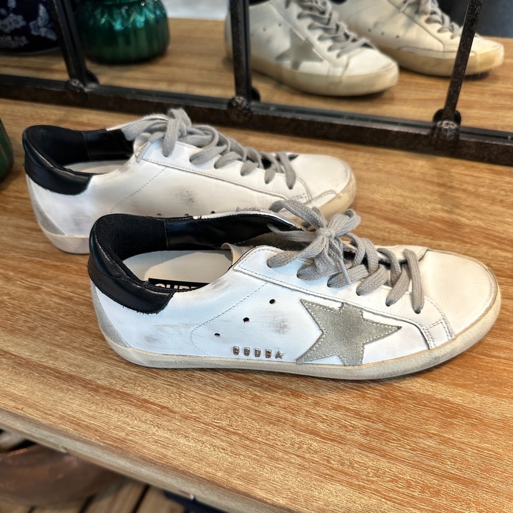 Golden Goose Women’s Super-Star White Sneakers with Black leather heel tab